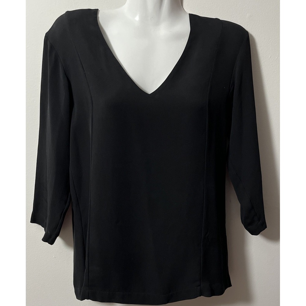 Theory Women's XS Blouse 100% Silk Madlan‎  Black V-Neck 3/4  Elegant Old Money